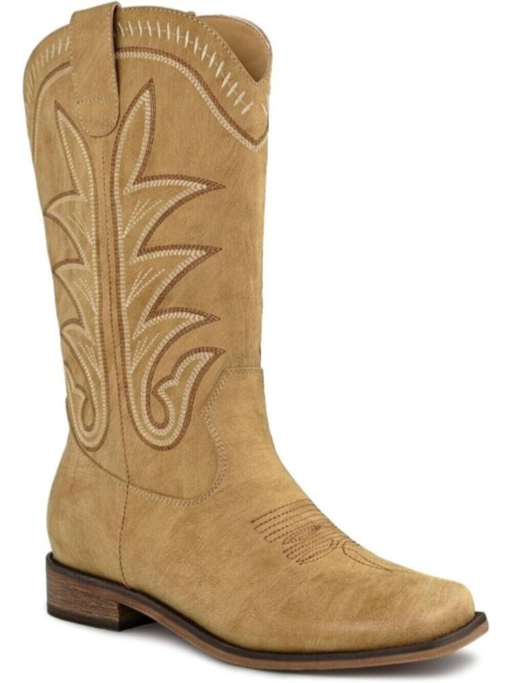 Women's Camel Square Toe Mid Calf Chunky Heel Classic Fall Western Cowgirl Boots
